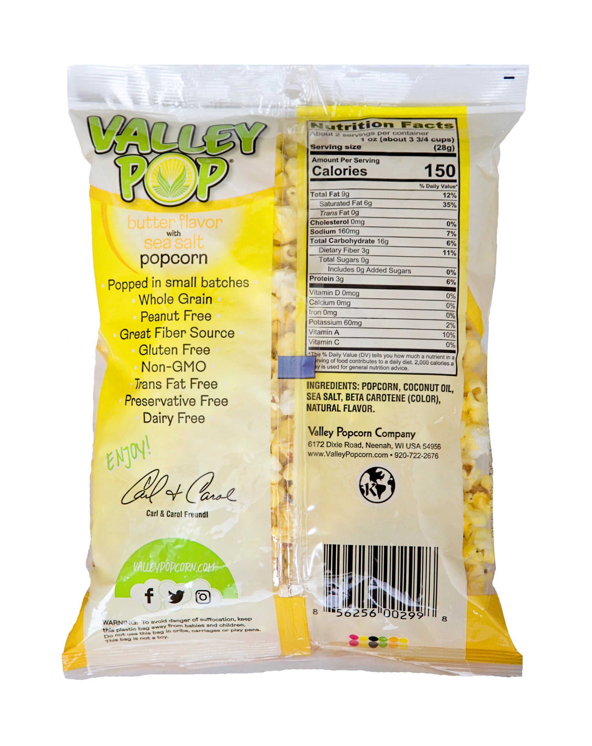 Back of 2 oz Bag of Yellow Popcorn